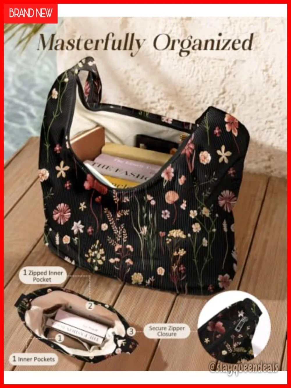 Corduroy Hobo Bag Large Zipper Tote Floral